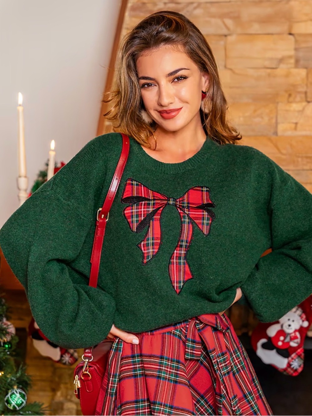 Cupshe Green Crewneck Sweater with Red Plaid Bow Applique